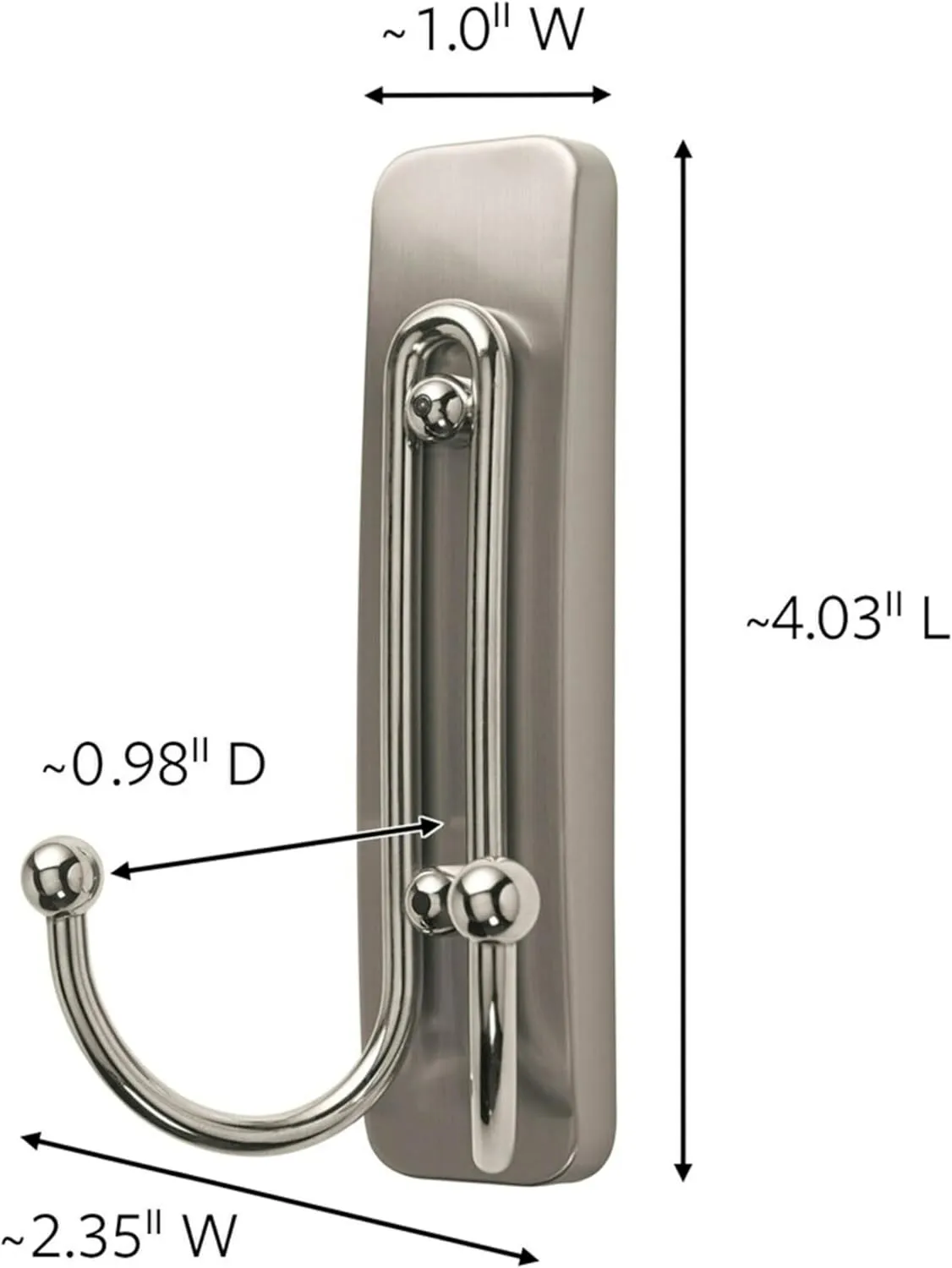 Command Large Brushed Nickel Double Hooks, 2 Hooks and 2 Command Strips, Damage Free Hanging Wall Hooks with Adhesive Strips, No Tools Coat Hooks for Hanging Home Decor, Holds up to 4 lb