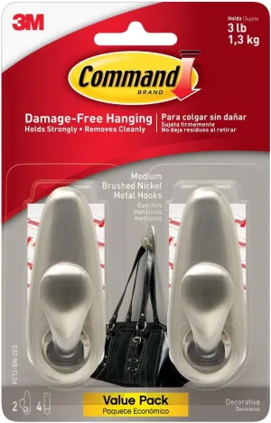 Command Medium Brushed Nickel Hooks, 2 Wall Hooks and 4 Command Strips, Damage Free Hanging with Adhesive, No Tools Hanging Home and Room Decor, Holds up to 3 lb