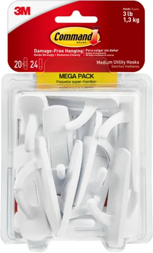 Command Medium Utility Hooks, 20 Hooks and 24 Command Strips, Damage Free Hanging Wall Hooks with Adhesive Strips, No Tools Adhesive Hooks for Hanging, Organization and Storage, Holds up to 3 lb