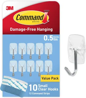 Command Small Clear Wire Toggle Hooks, 10 Hooks and 12 Command Strips, Damage Free Hanging Wall Hooks with Adhesive Strips, Adhesive Hooks for Hanging, Organization and Storage, Holds up to 0.5 lb