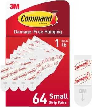 Command Small Refill Adhesive Strips, Damage Free Hanging Wall Adhesive Strips for Small Indoor Wall Hooks, No Tools Removable Adhesive Strips for Living Spaces, 64 White Command Strips