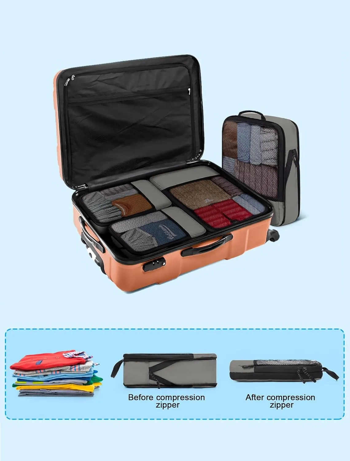Compression Packing Cubes 4-Set Space Saver with Vacuum-Free Compression Expandable Luggage Organizer for Carry-On
