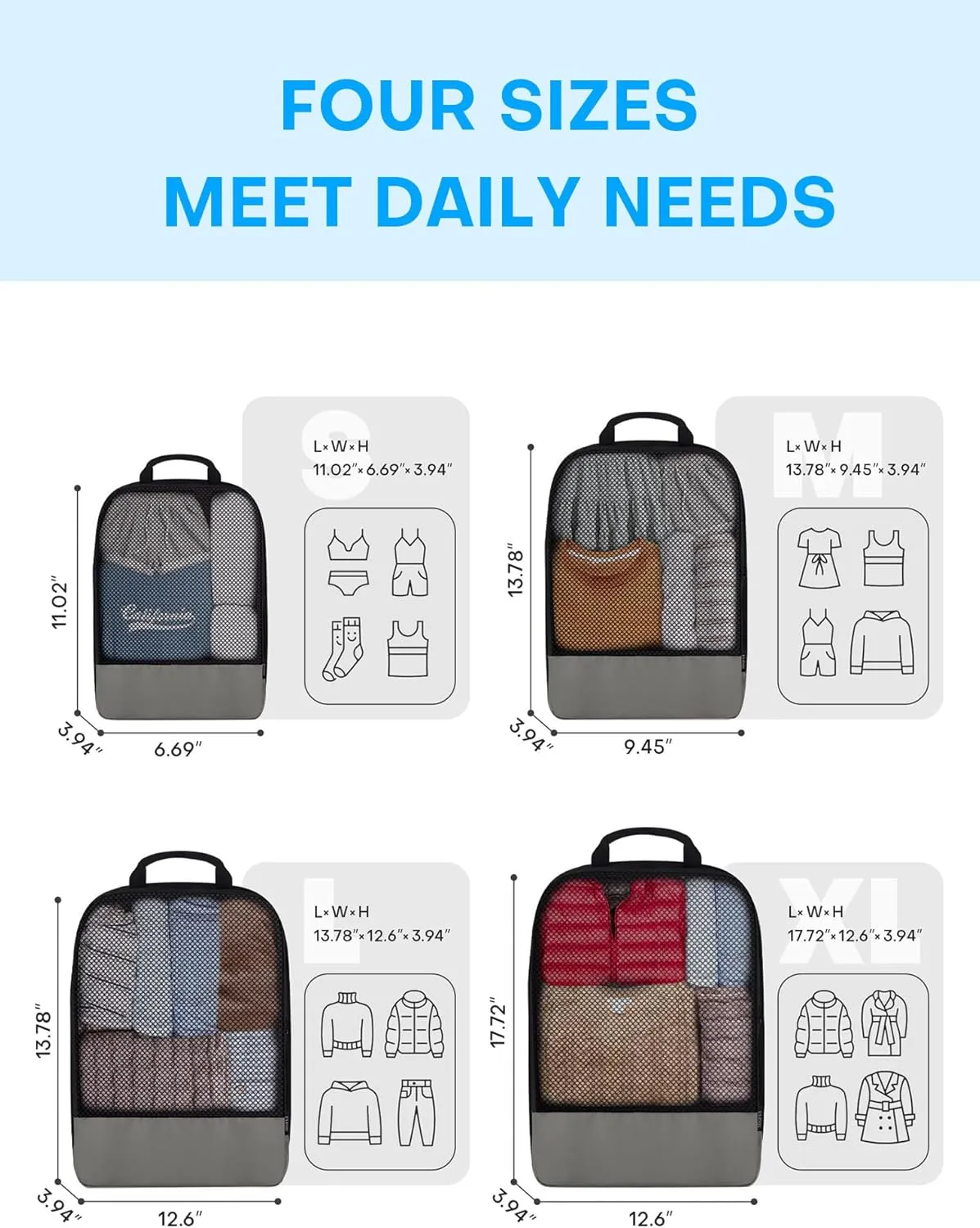 Compression Packing Cubes 4-Set Space Saver with Vacuum-Free Compression Expandable Luggage Organizer for Carry-On
