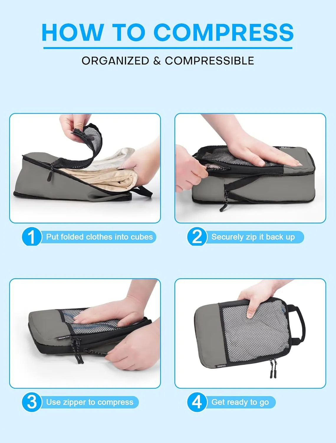 Compression Packing Cubes 4-Set Space Saver with Vacuum-Free Compression Expandable Luggage Organizer for Carry-On
