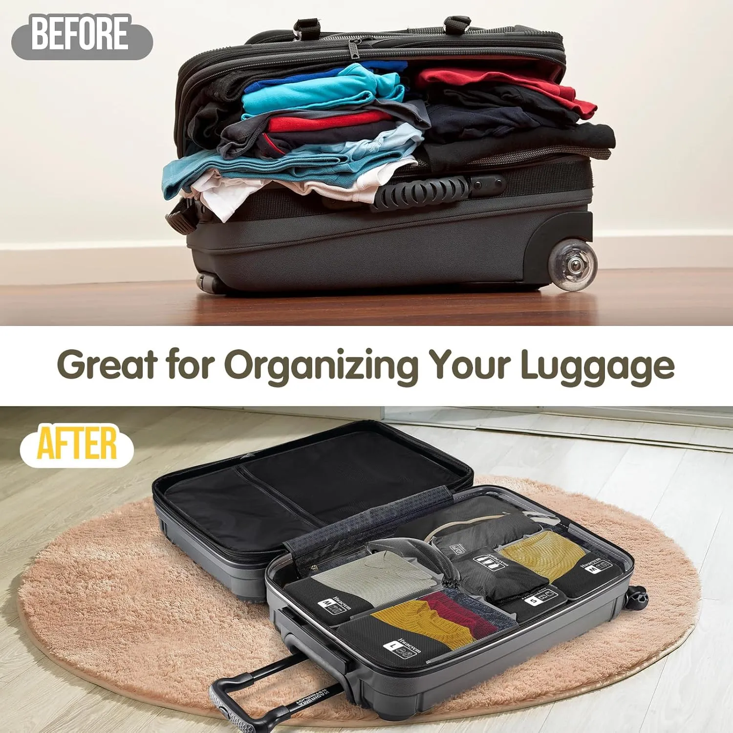 Compression Packing Cubes 8 Set, Dual Zipper Compression Packing Cubes for Travel, See-Through Mesh Packing Bags for Suitcases, packing cubes with shoe bag (Black)