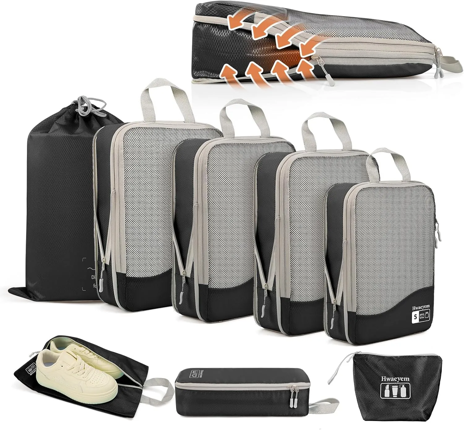 Compression Packing Cubes 8 Set, Dual Zipper Compression Packing Cubes for Travel, See-Through Mesh Packing Bags for Suitcases, packing cubes with shoe bag (Black)