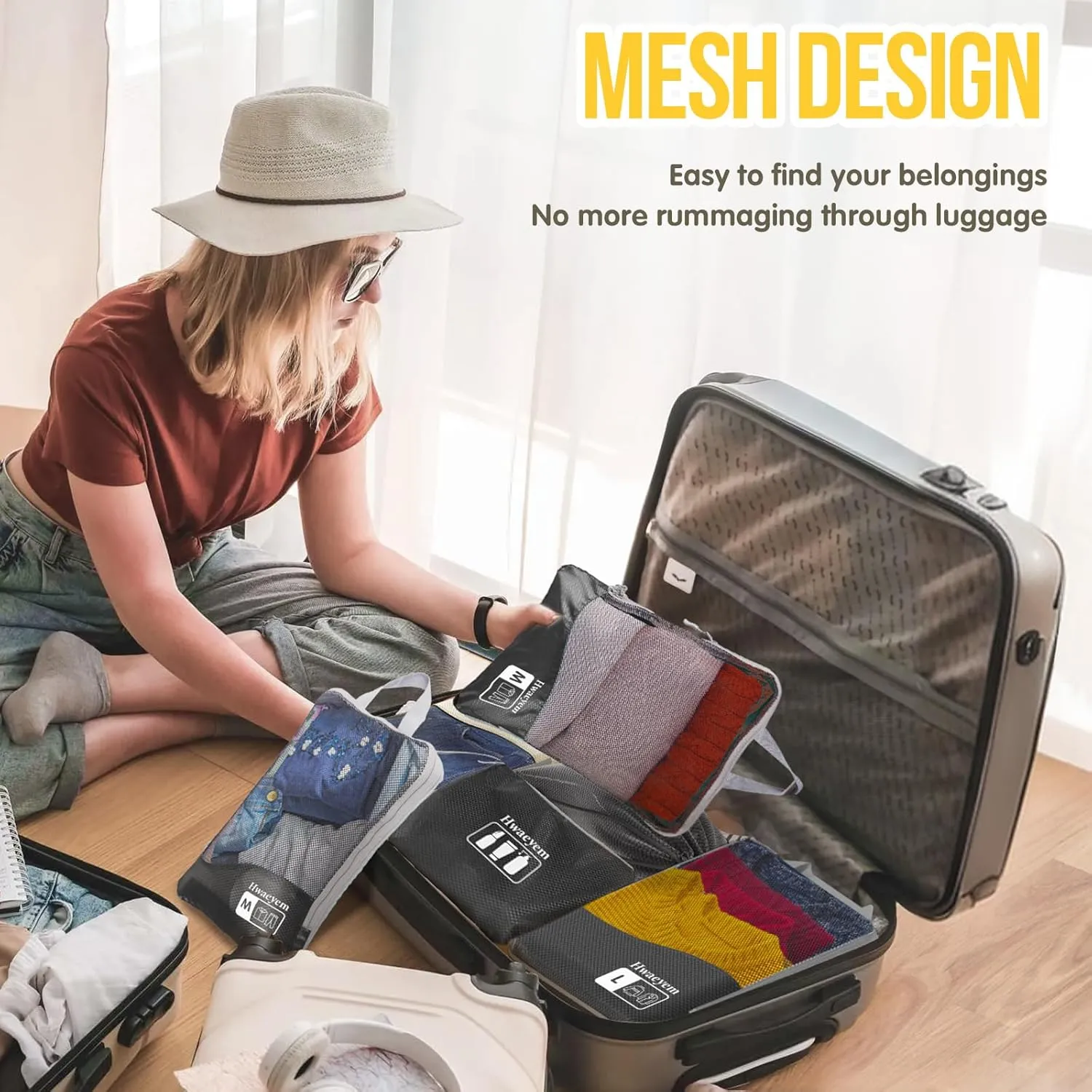 Compression Packing Cubes 8 Set, Dual Zipper Compression Packing Cubes for Travel, See-Through Mesh Packing Bags for Suitcases, packing cubes with shoe bag (Black)