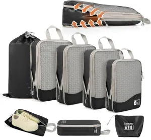 Compression Packing Cubes 8 Set, Dual Zipper Compression Packing Cubes for Travel, See-Through Mesh Packing Bags for Suitcases, packing cubes with shoe bag (Black)