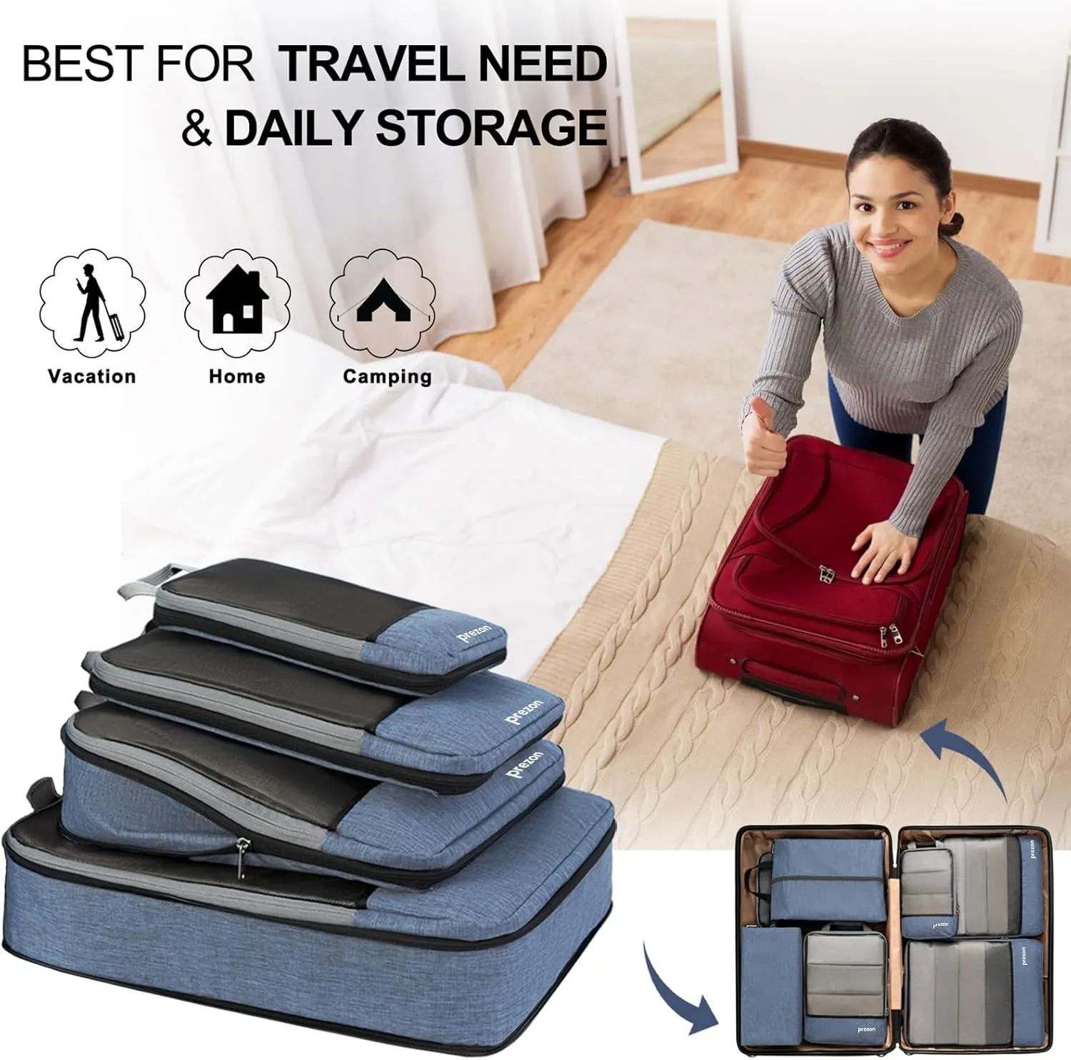 Compression Packing Cubes, Extensible Suitcase Organiser, Packing Organisers for Suitcases, Packing Cubes for Travel or Home Storage（4Set-Blue）