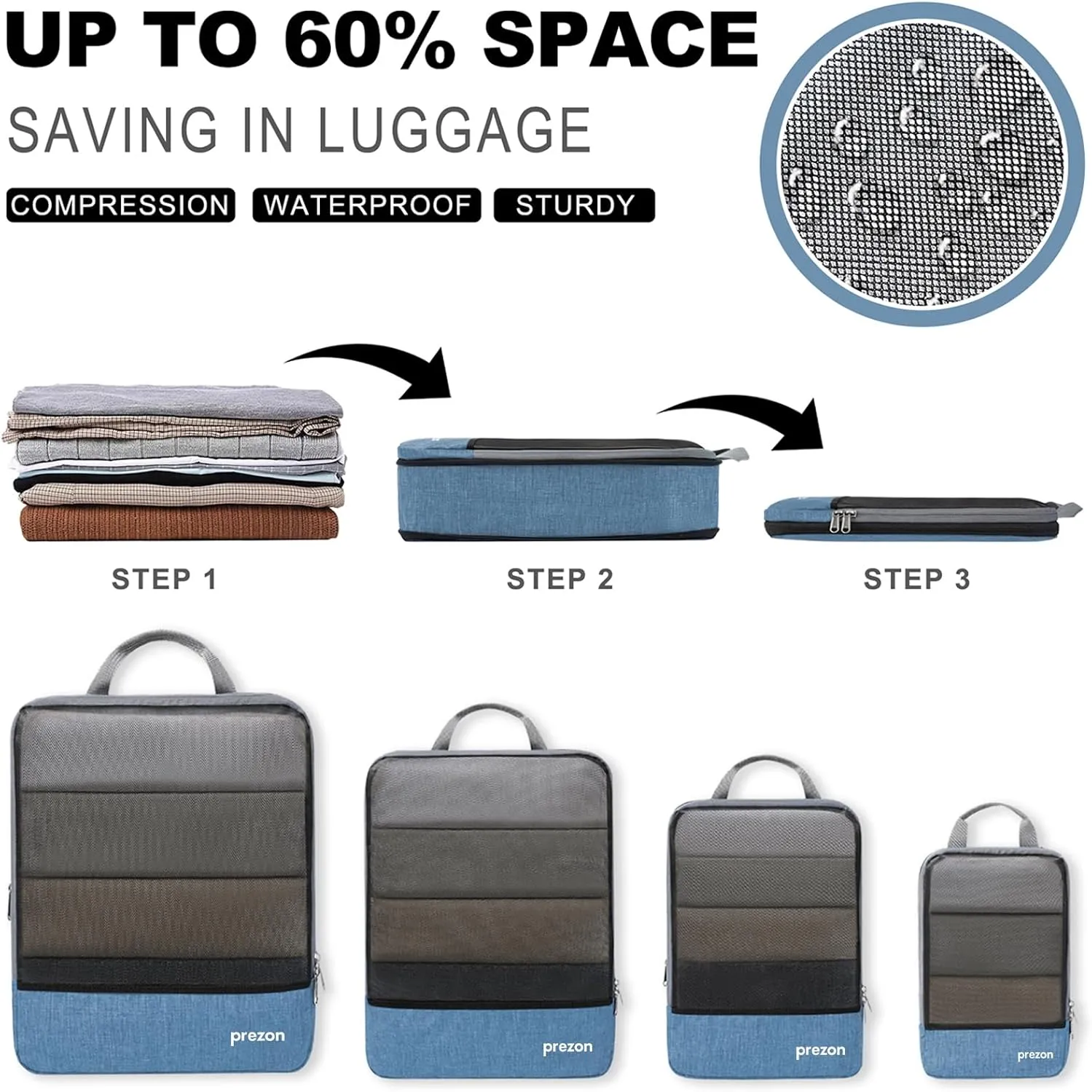 Compression Packing Cubes, Extensible Suitcase Organiser, Packing Organisers for Suitcases, Packing Cubes for Travel or Home Storage（4Set-Blue）