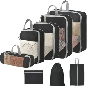 Compression Packing Cubes for Travel Waterproof Packing Cubes for Woman Suitcase Organizers Luggage Organizer Bags with Shoe Bag Graduation Gifts for Her（8 Pack，Black）