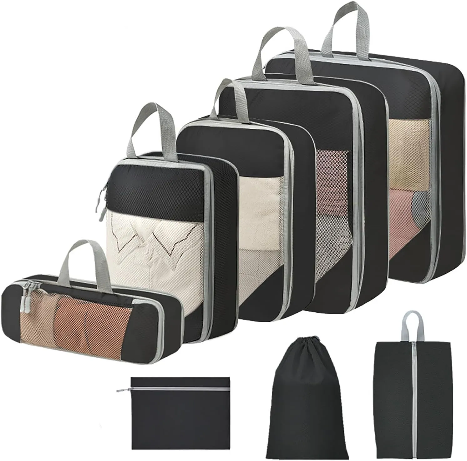 Compression Packing Cubes for Travel Waterproof Packing Cubes for Woman Suitcase Organizers Luggage Organizer Bags with Shoe Bag Graduation Gifts for Her（8 Pack，Black）