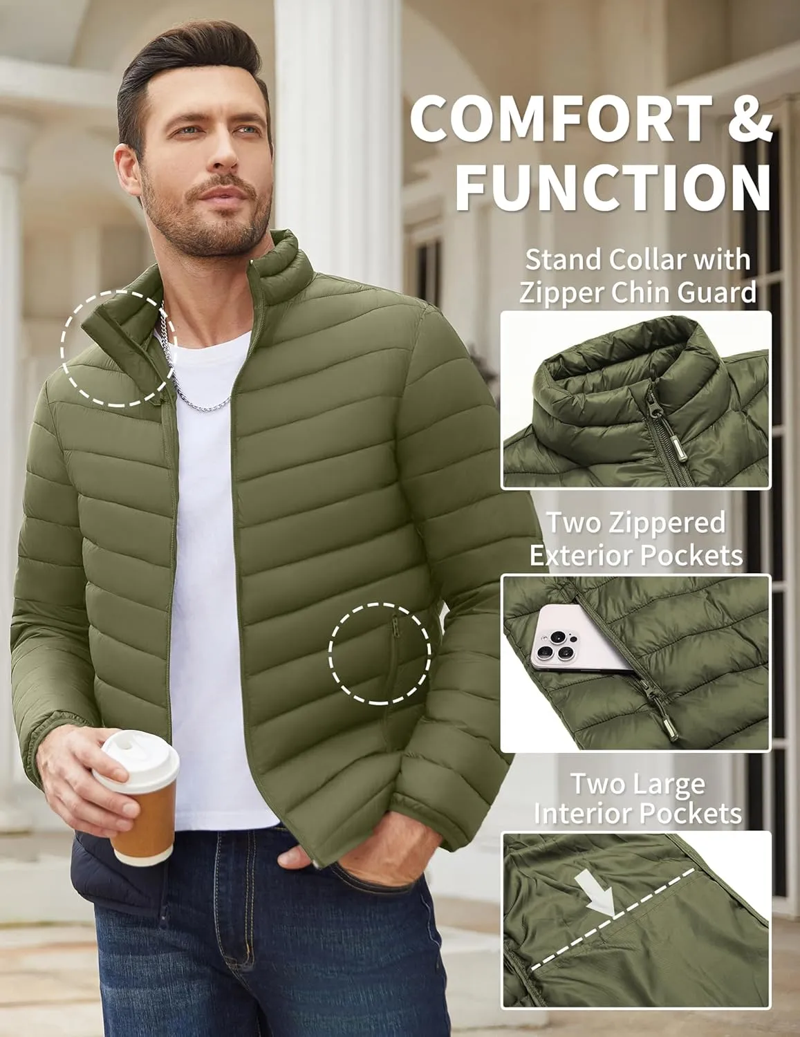 COOFANDY Men's Puffer Jacket Packable Lightweight Puffy Jackets with Zippered Pockets Down Alternative Winter Coat