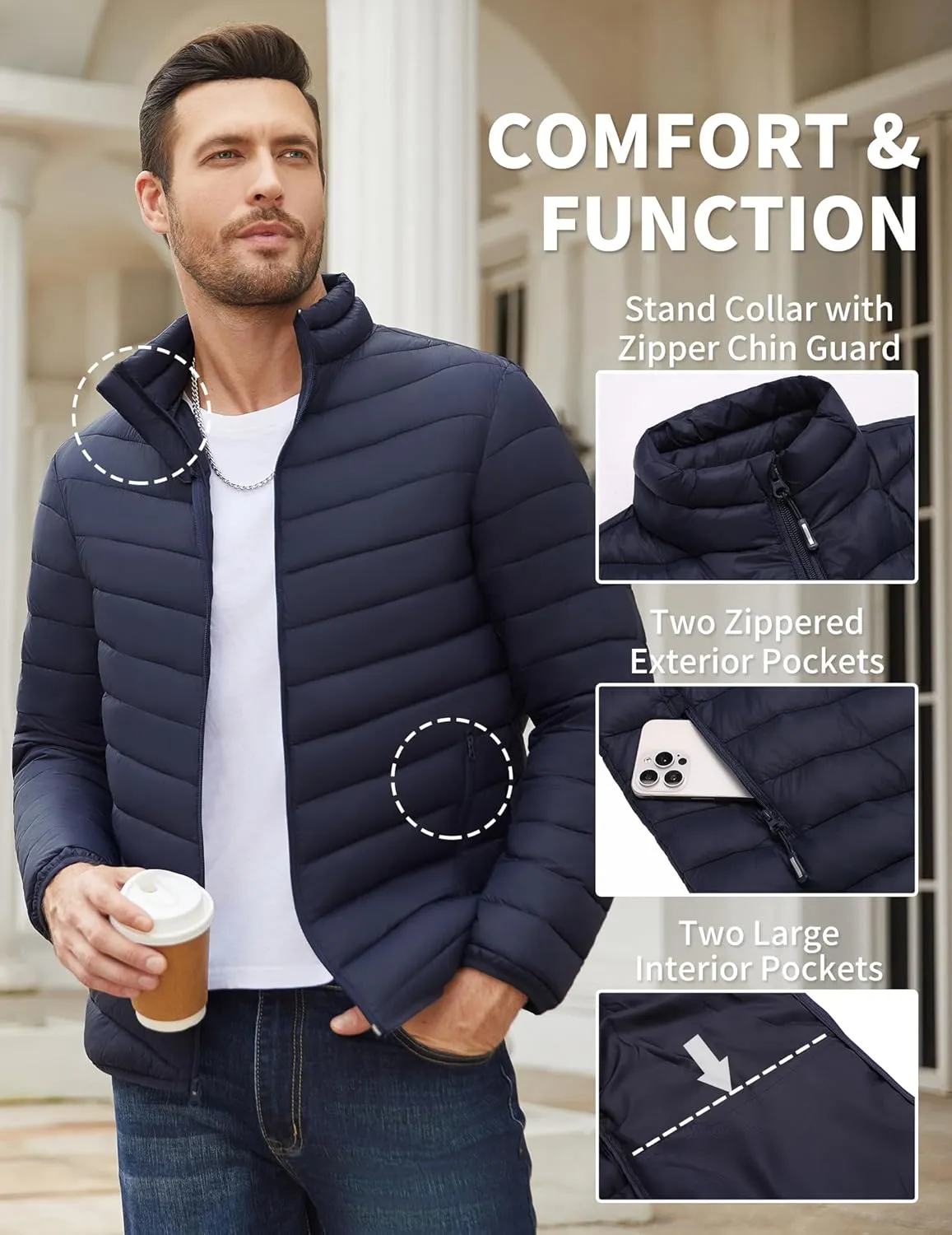 COOFANDY Men's Puffer Jacket Packable Lightweight Puffy Jackets with Zippered Pockets Down Alternative Winter Coat