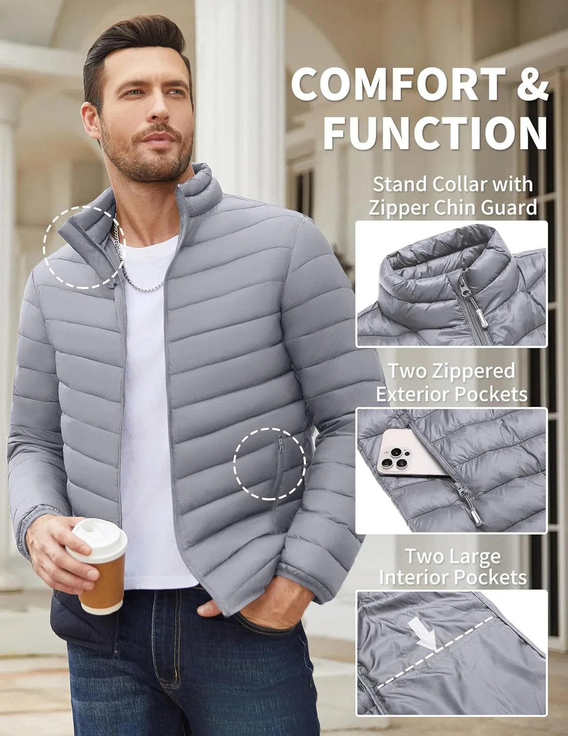 COOFANDY Men's Puffer Jacket Packable Lightweight Puffy Jackets with Zippered Pockets Down Alternative Winter Coat