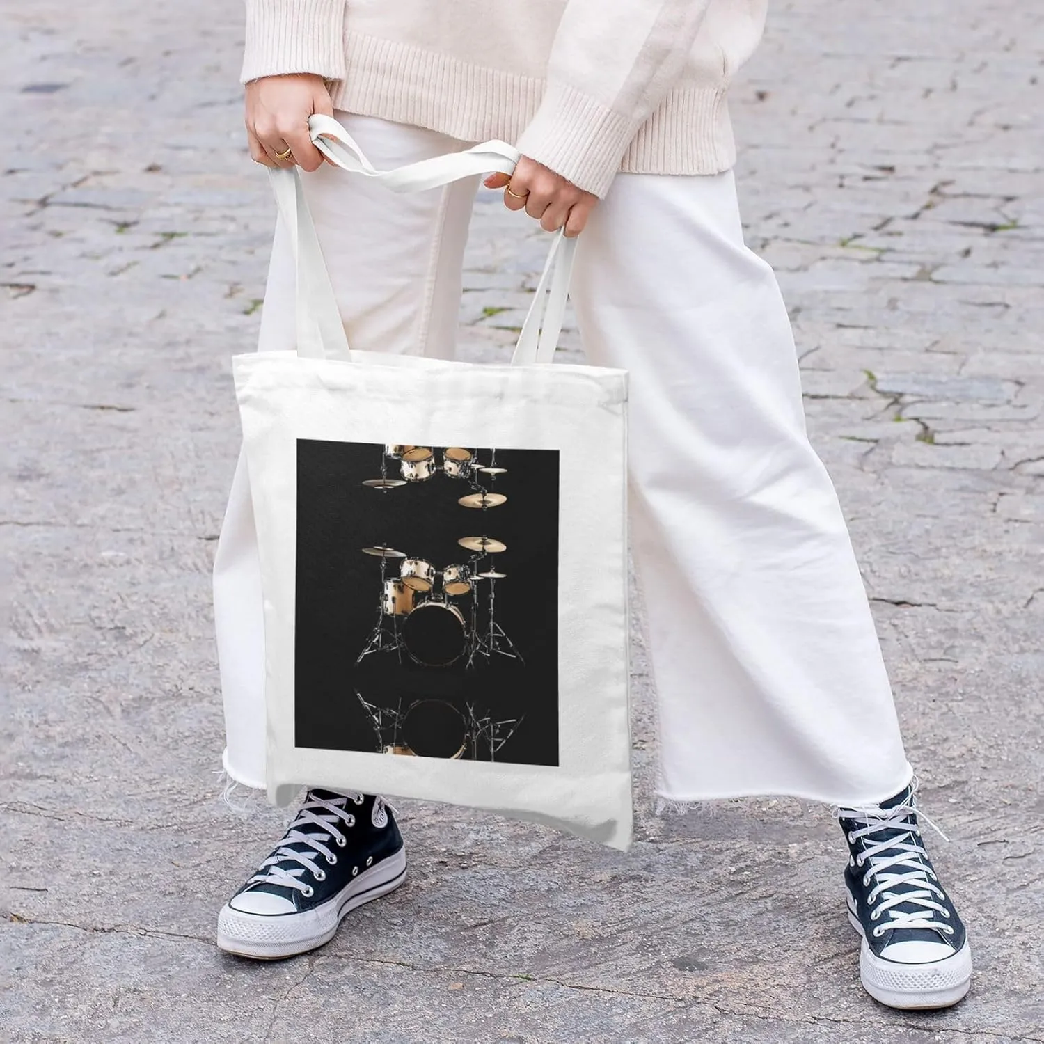 Cool Drum Set Print Canvas Shopping Bag Reusable Eco-Friendly Handbag With Large Capacity For Everyday Use