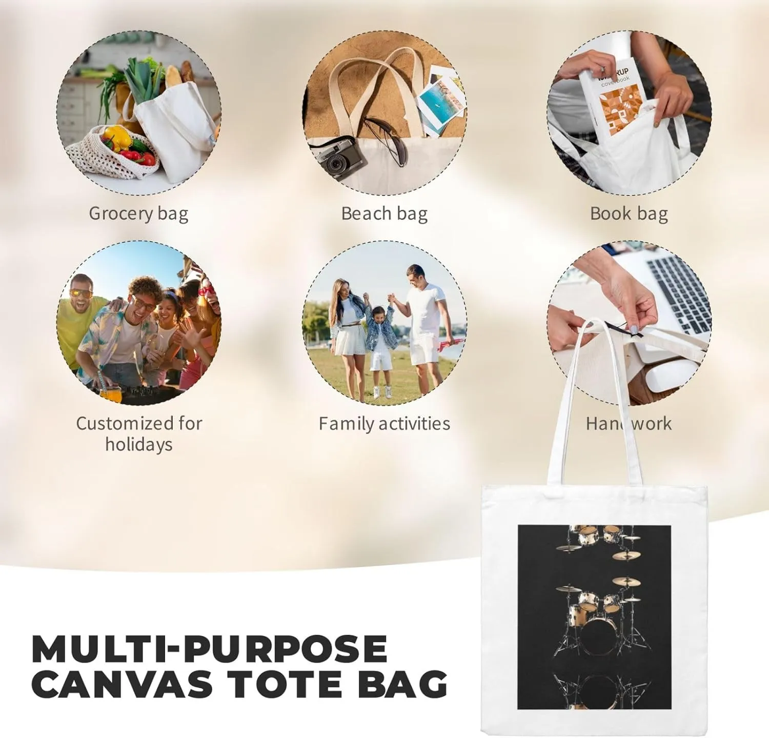Cool Drum Set Print Canvas Shopping Bag Reusable Eco-Friendly Handbag With Large Capacity For Everyday Use