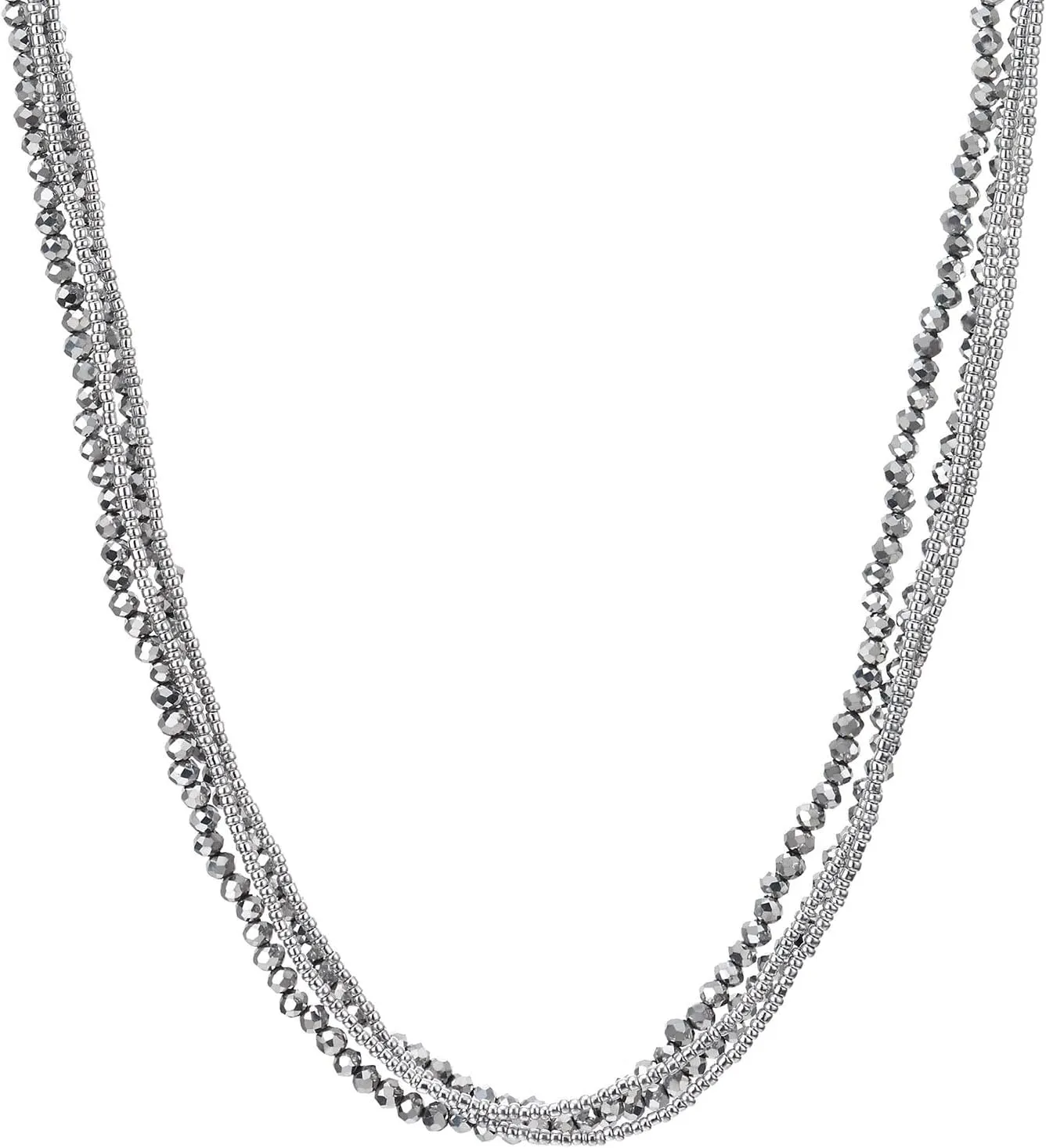 COOLSTEELANDBEYOND Long Multi-Strand Statement Necklace For Women, Elegant Layered Waterfall Chains, Crystal Beads Pendant