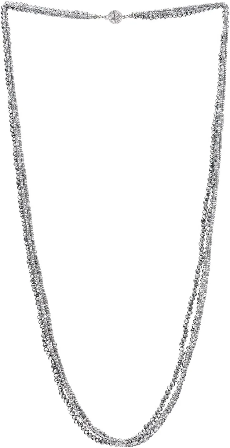 COOLSTEELANDBEYOND Long Multi-Strand Statement Necklace For Women, Elegant Layered Waterfall Chains, Crystal Beads Pendant