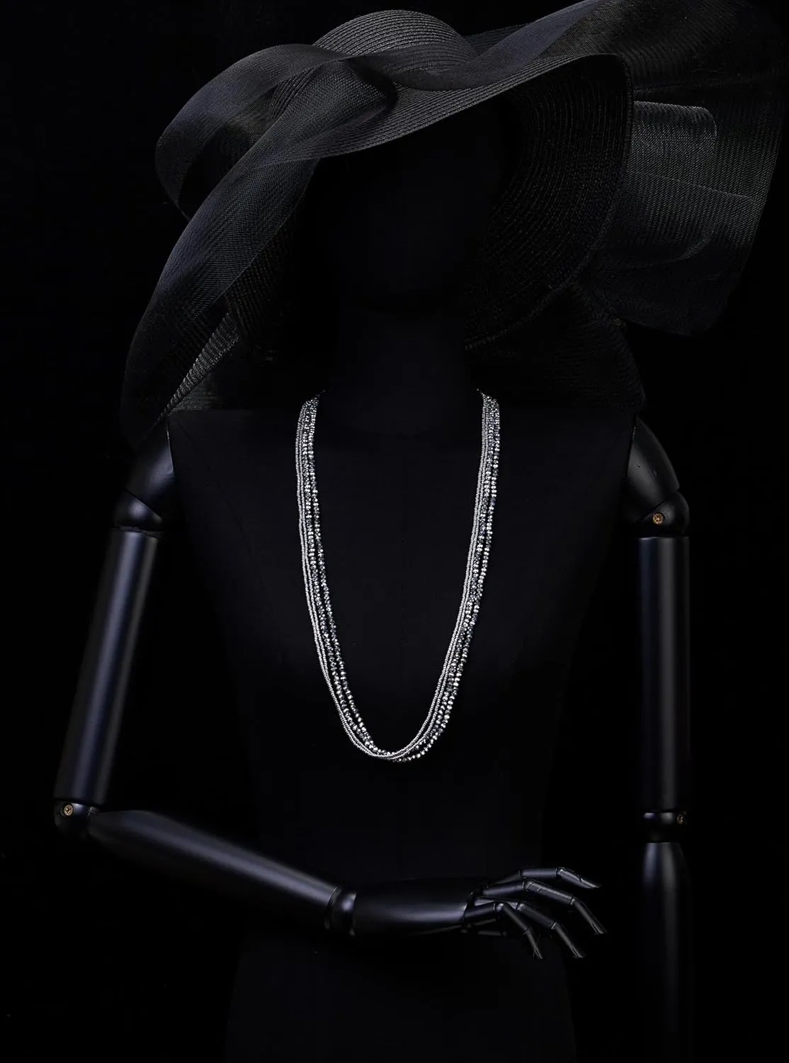 COOLSTEELANDBEYOND Long Multi-Strand Statement Necklace For Women, Elegant Layered Waterfall Chains, Crystal Beads Pendant