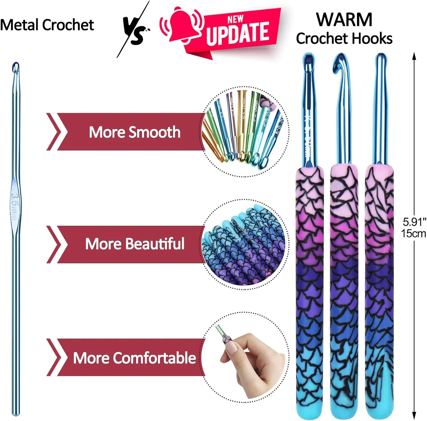 Coopay Warm Crochet Hooks, 9 Sizes 2.25 to 6.5mm Ergonomic Mermaid Extra Long Crochet Needles for Arthritic Crocheting Yarn Craft Set, Ideal Gift