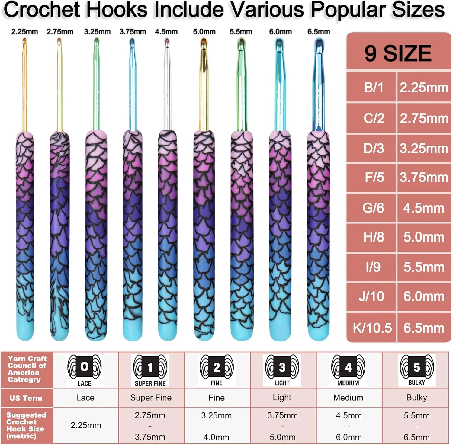 Coopay Warm Crochet Hooks, 9 Sizes 2.25 to 6.5mm Ergonomic Mermaid Extra Long Crochet Needles for Arthritic Crocheting Yarn Craft Set, Ideal Gift
