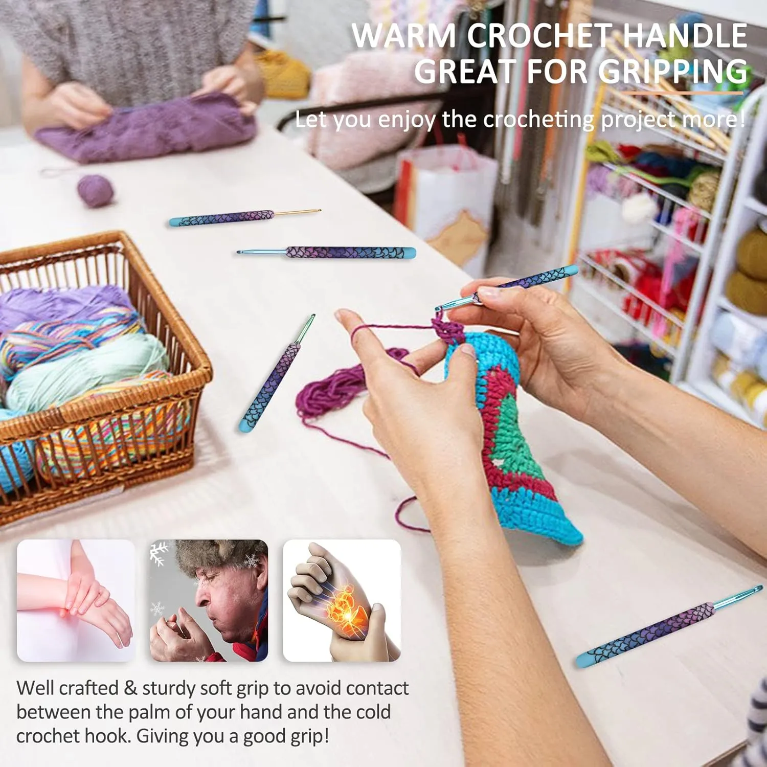 Coopay Warm Crochet Hooks, 9 Sizes 2.25 to 6.5mm Ergonomic Mermaid Extra Long Crochet Needles for Arthritic Crocheting Yarn Craft Set, Ideal Gift