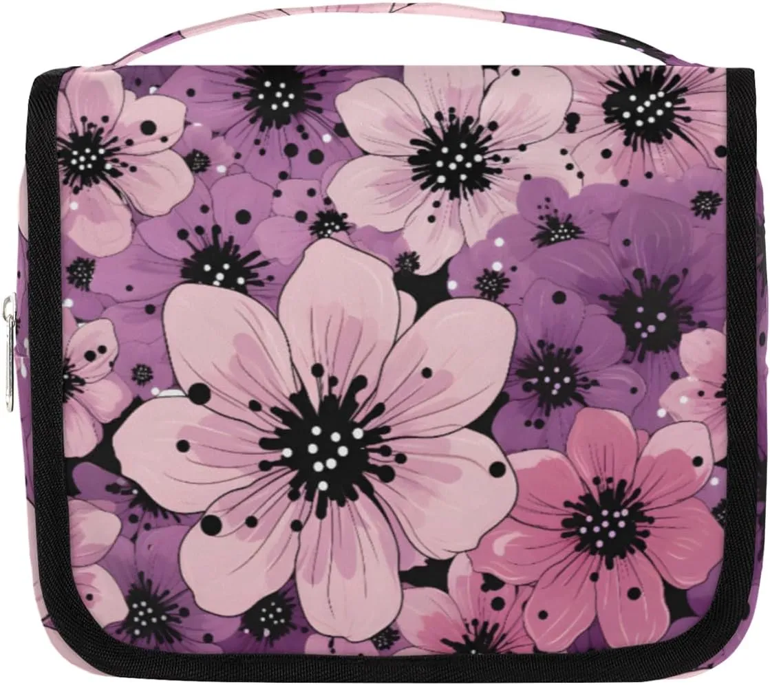 Cosmos Flowers Hanging Travel Toiletry Bag Kit Makeup Case Cosmetics Organizer Purple Floral Toiletry Bag for Women Make up Accessories Shampoo Body Cream Brushes Set