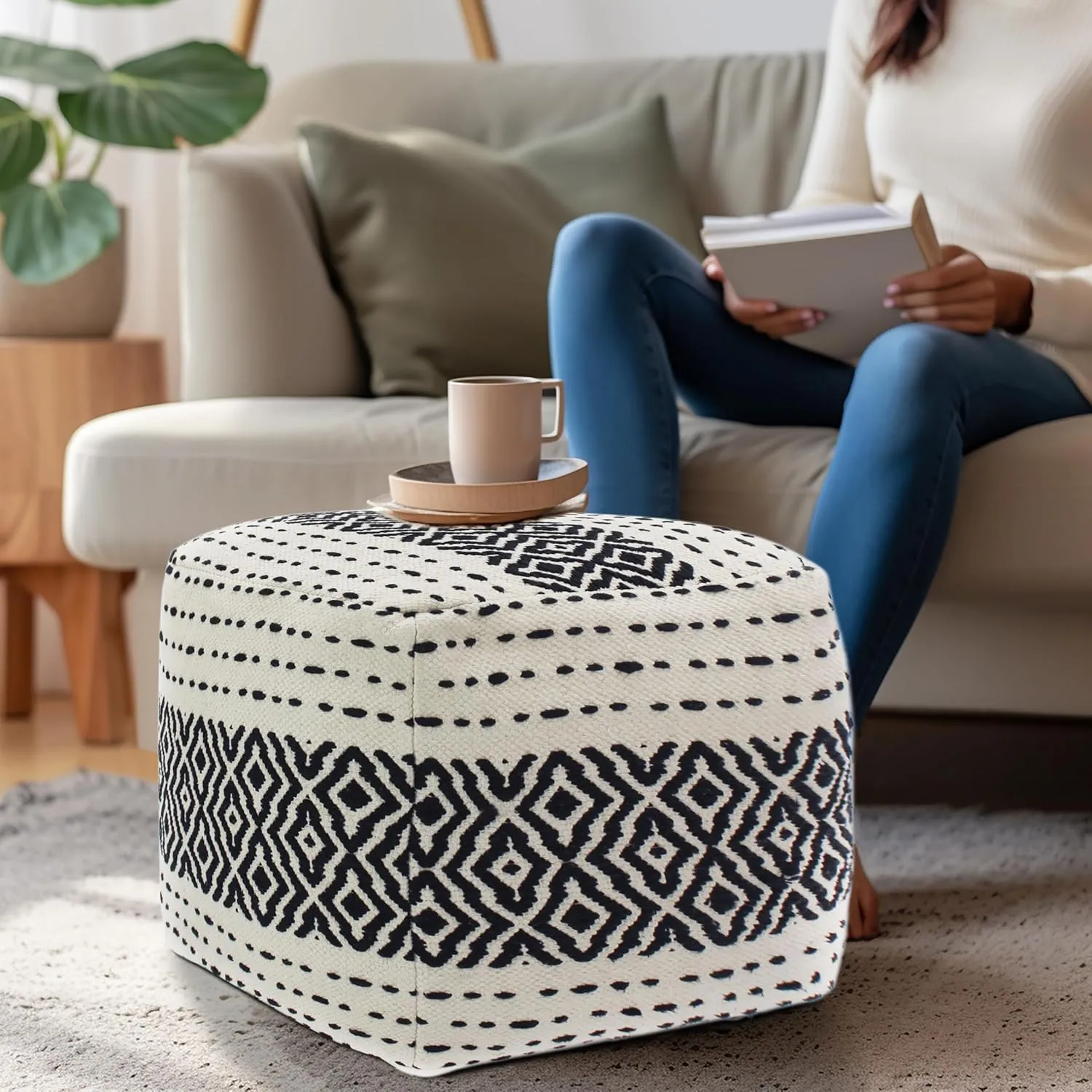 COTTON CRAFT Handwoven Dhurrie Pouf - Diamond Pattern Ottoman Foot Stool Bean Bag - Dorm Bedroom Accent Seating - Boho Modern Comfortable Prefilled Cotton Square Pouf Footrest - 16 x 16 - Ivory Black
