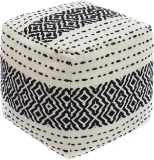 COTTON CRAFT Handwoven Dhurrie Pouf - Diamond Pattern Ottoman Foot Stool Bean Bag - Dorm Bedroom Accent Seating - Boho Modern Comfortable Prefilled Cotton Square Pouf Footrest - 16 x 16 - Ivory Black
