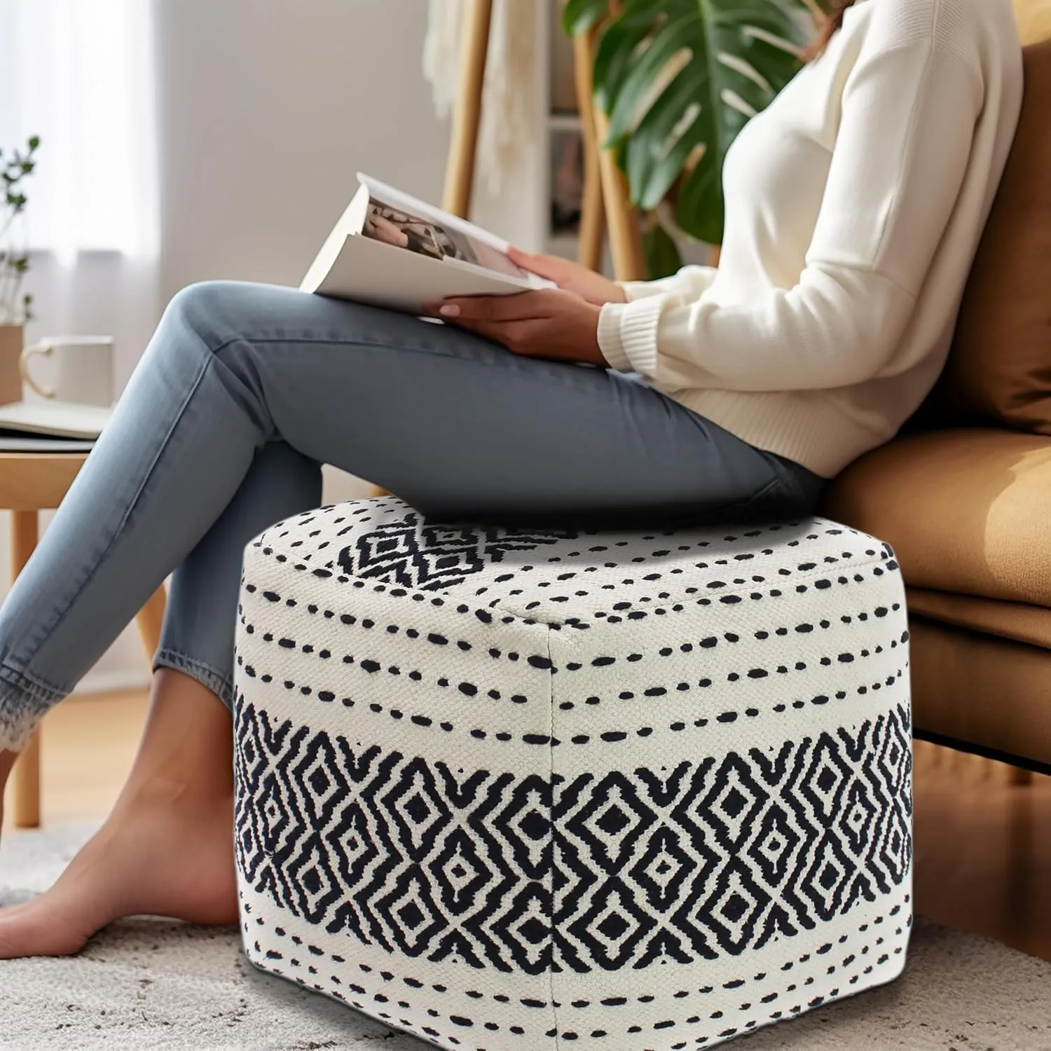 COTTON CRAFT Handwoven Dhurrie Pouf - Diamond Pattern Ottoman Foot Stool Bean Bag - Dorm Bedroom Accent Seating - Boho Modern Comfortable Prefilled Cotton Square Pouf Footrest - 16 x 16 - Ivory Black