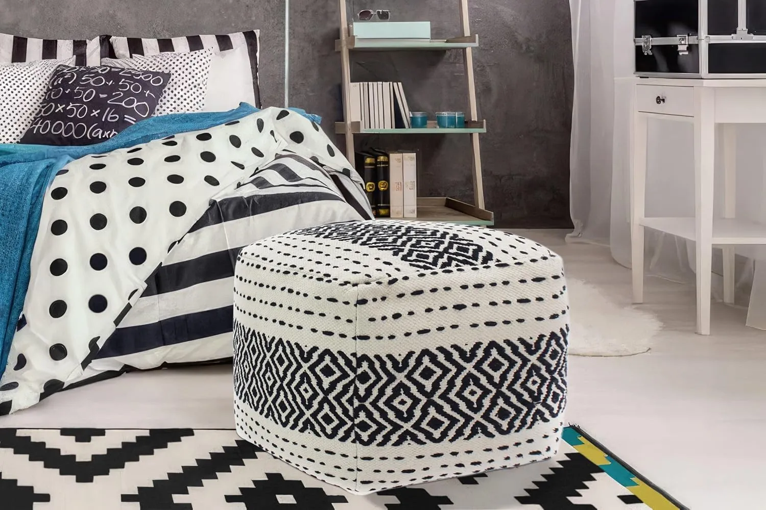 COTTON CRAFT Handwoven Dhurrie Pouf - Diamond Pattern Ottoman Foot Stool Bean Bag - Dorm Bedroom Accent Seating - Boho Modern Comfortable Prefilled Cotton Square Pouf Footrest - 16 x 16 - Ivory Black