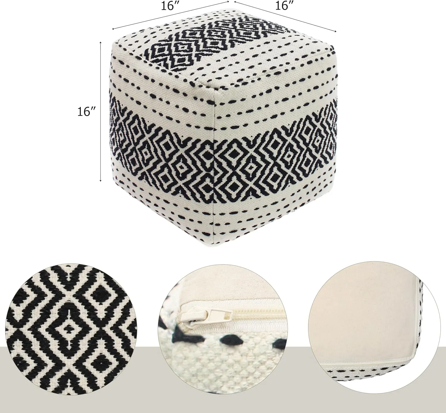 COTTON CRAFT Handwoven Dhurrie Pouf - Diamond Pattern Ottoman Foot Stool Bean Bag - Dorm Bedroom Accent Seating - Boho Modern Comfortable Prefilled Cotton Square Pouf Footrest - 16 x 16 - Ivory Black