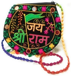 Cotton Embrodery Multicolour Rajasthani Sling Bag Jay Shree Ram Named Clutch Bags for for Women & Girls Whight Round for women Girls For Christmas Gift Diwali Item (Multicolour) Set of 1