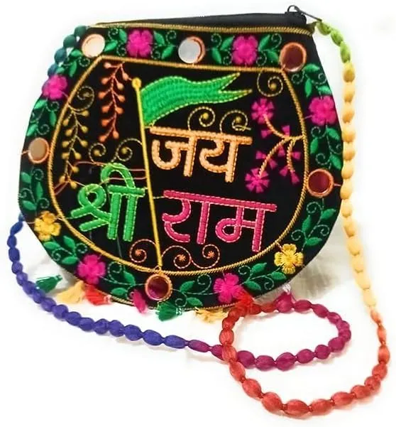 Cotton Embrodery Multicolour Rajasthani Sling Bag Jay Shree Ram Named Clutch Bags for for Women & Girls Whight Round for women Girls For Christmas Gift Diwali Item (Multicolour) Set of 1