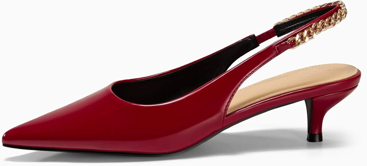 Coutgo Womens Slingback Kitten Heels Closed Pointed Toe Pumps Dress Work Shoes with Gold Chian