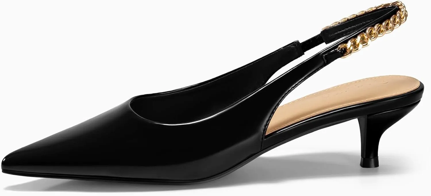 Coutgo Womens Slingback Kitten Heels Closed Pointed Toe Pumps Dress Work Shoes with Gold Chian