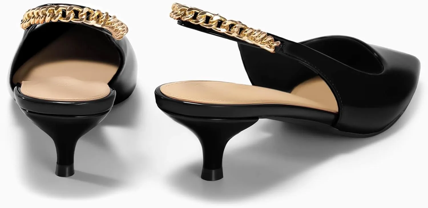 Coutgo Womens Slingback Kitten Heels Closed Pointed Toe Pumps Dress Work Shoes with Gold Chian