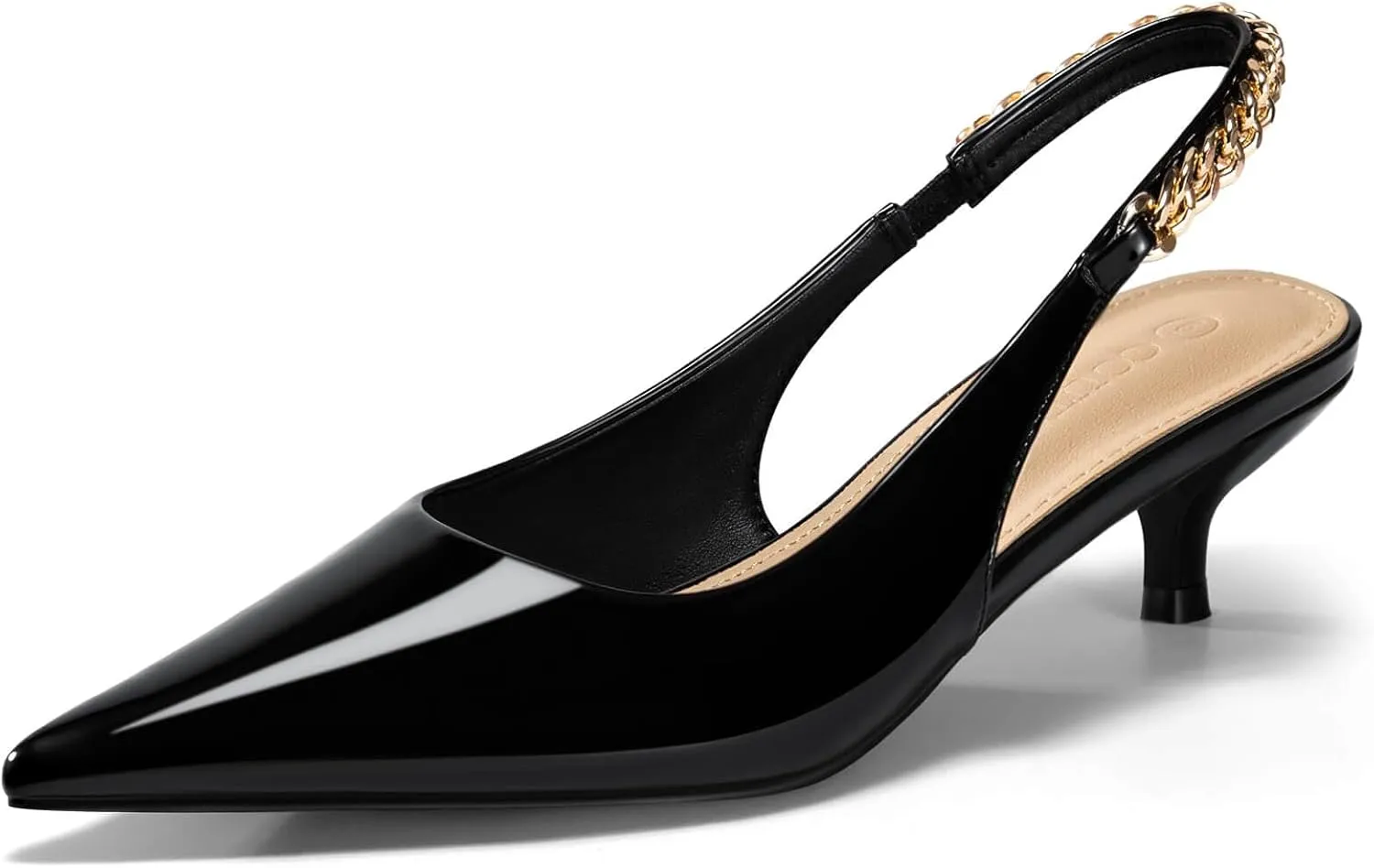 Coutgo Womens Slingback Kitten Heels Closed Pointed Toe Pumps Dress Work Shoes with Gold Chian