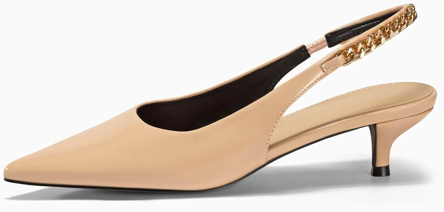 Coutgo Womens Slingback Kitten Heels Closed Pointed Toe Pumps Dress Work Shoes with Gold Chian