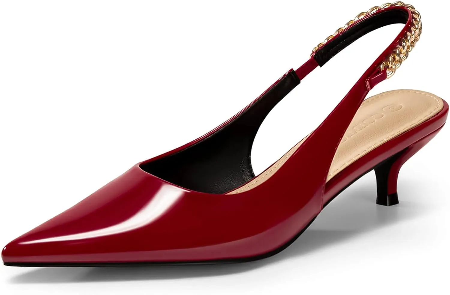 Coutgo Womens Slingback Kitten Heels Closed Pointed Toe Pumps Dress Work Shoes with Gold Chian