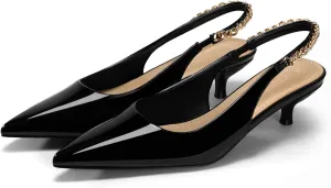 Coutgo Womens Slingback Kitten Heels Closed Pointed Toe Pumps Dress Work Shoes with Gold Chian