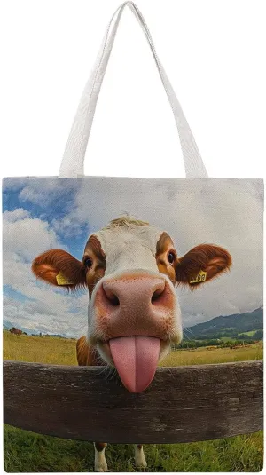 Cow Funny Tongue Printing Canvas Tote Bag Reusable Grocery Shopping Bags Washable Handbag 15 X 16 Inch
