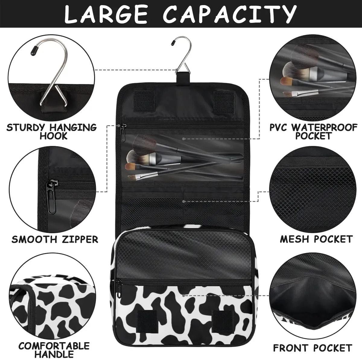 Cow Hanging Travel Toiletry Bag for Kids, Women Cosmetic Organizer Makeup Bag Pouch Men Shaving Dopp Kit Shower Bag With Sturdy Hook