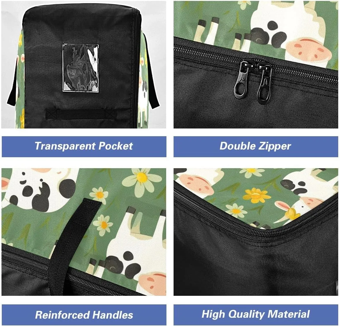 Cows on Flower Storage Bags, 27.5x19.7x11 In, Reusable and Sustainable Zippered Storage Bags for Moving Essential
