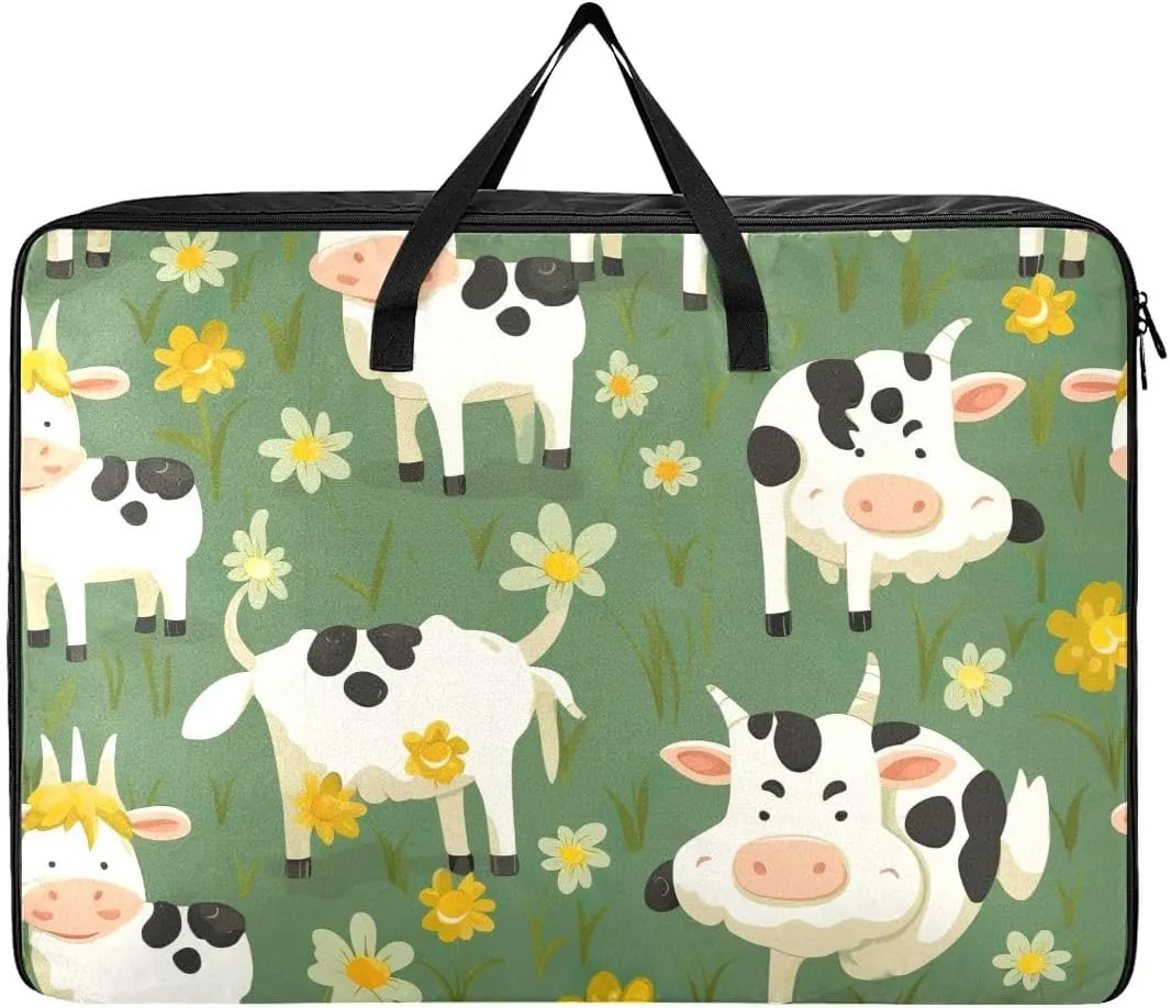 Cows on Flower Storage Bags, 27.5x19.7x11 In, Reusable and Sustainable Zippered Storage Bags for Moving Essential