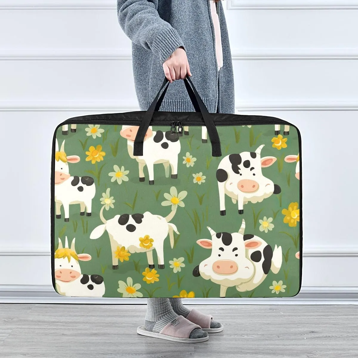 Cows on Flower Storage Bags, 27.5x19.7x11 In, Reusable and Sustainable Zippered Storage Bags for Moving Essential