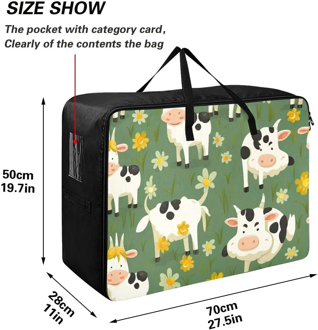 Cows on Flower Storage Bags, 27.5x19.7x11 In, Reusable and Sustainable Zippered Storage Bags for Moving Essential