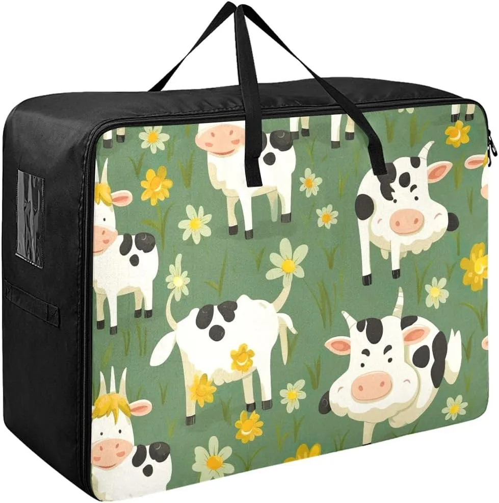 Cows on Flower Storage Bags, 27.5x19.7x11 In, Reusable and Sustainable Zippered Storage Bags for Moving Essential