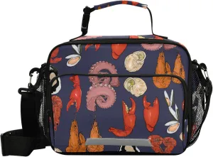 Crab Shrimp Octopus Seafood Pattern Lunch Bag Insulated Tote Bag Food Container for Kids Boys Girls, Holds Lunch Box, Water Bottle, Snacks